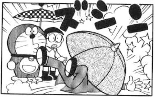 なまりのかさを支えきれずに倒れたのび太のパパ