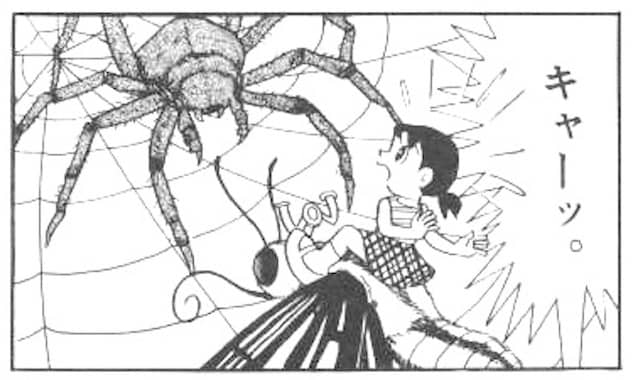 sotyukan52.jpg 蜘蛛に捕まりそうになるチョウチョとしずかちゃん